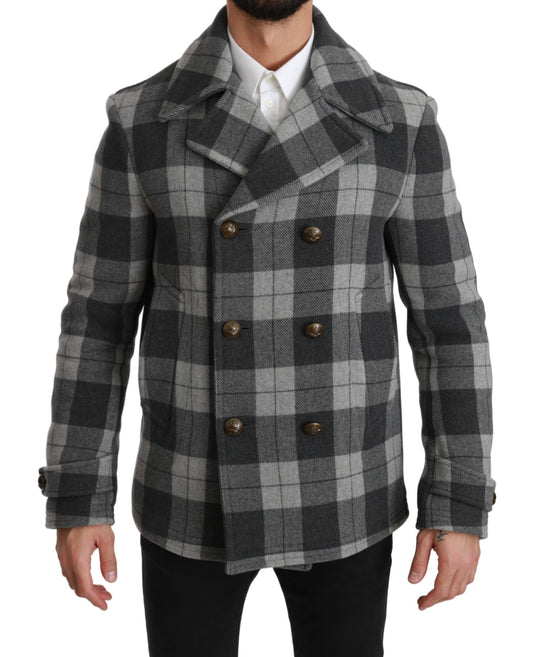 Elegante cappotto doppiopetto a quadri grigi