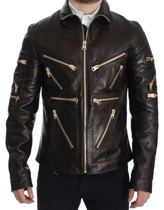 Elegante giacca in pelle marrone con dettagli dorati