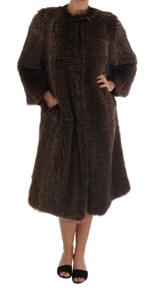 Elegante cappotto in pelliccia di procione marrone fino al ginocchio