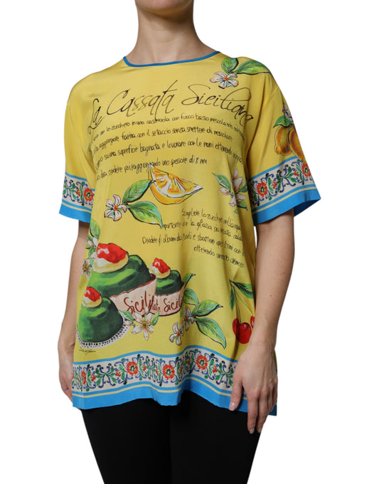 Yellow Silk Printed Short Sleeve Blouse Top