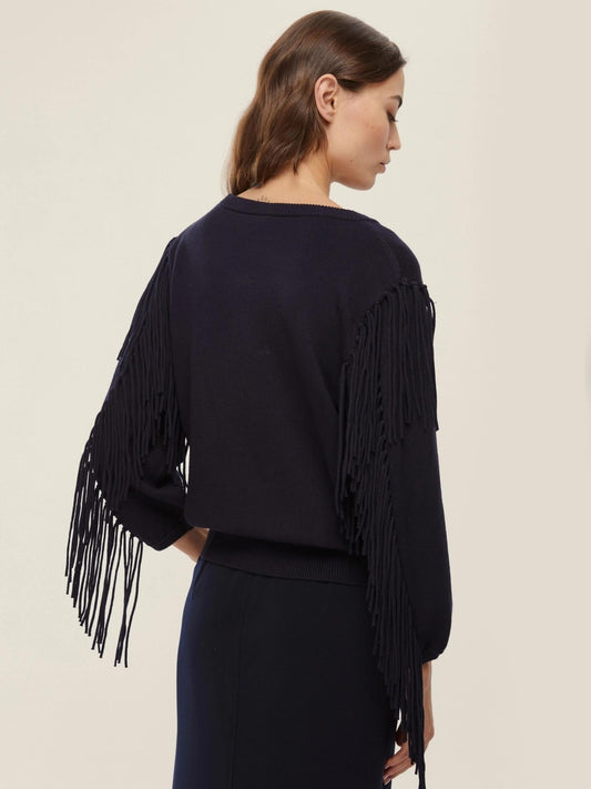 Falco Women's Blue Oversized Sweater with Fringes