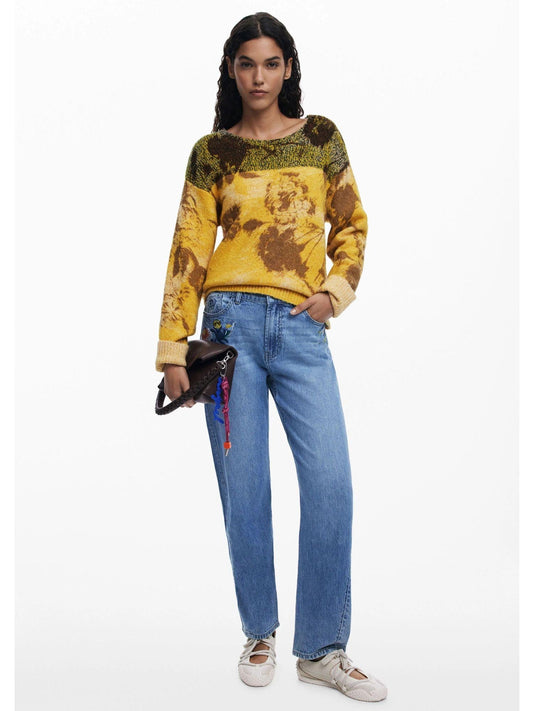 Women's Yellow Floral Jacquard Sweater