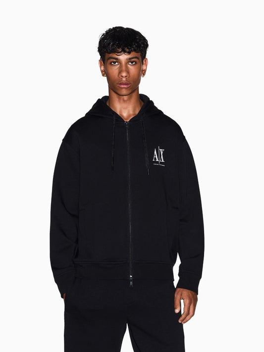 Felpa con cappuccio e zip con logo ricamato Uomo Nero