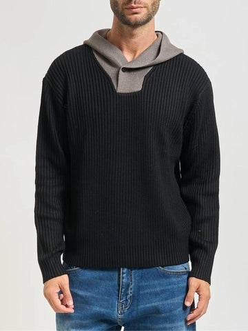 Maglione Uomo Nero a Coste con Cappuccio