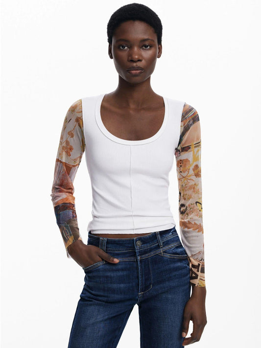 Maglietta con maniche in chiffon Donna Bianco