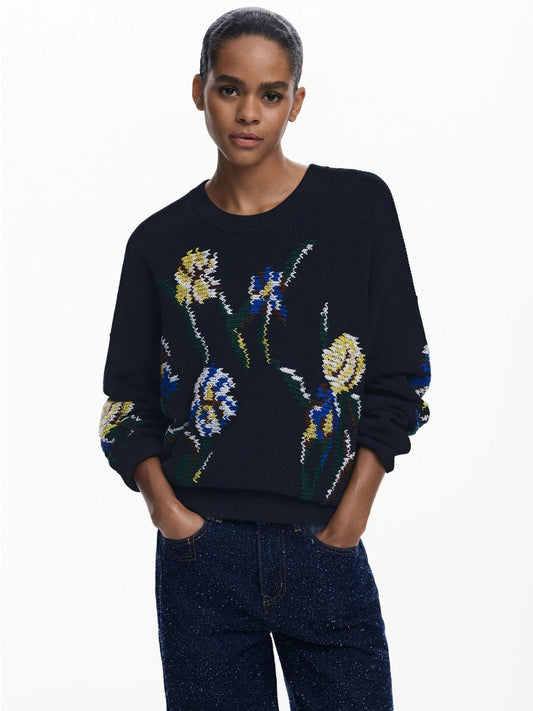 Maglione jacquard con fiori ricamati Donna Nero