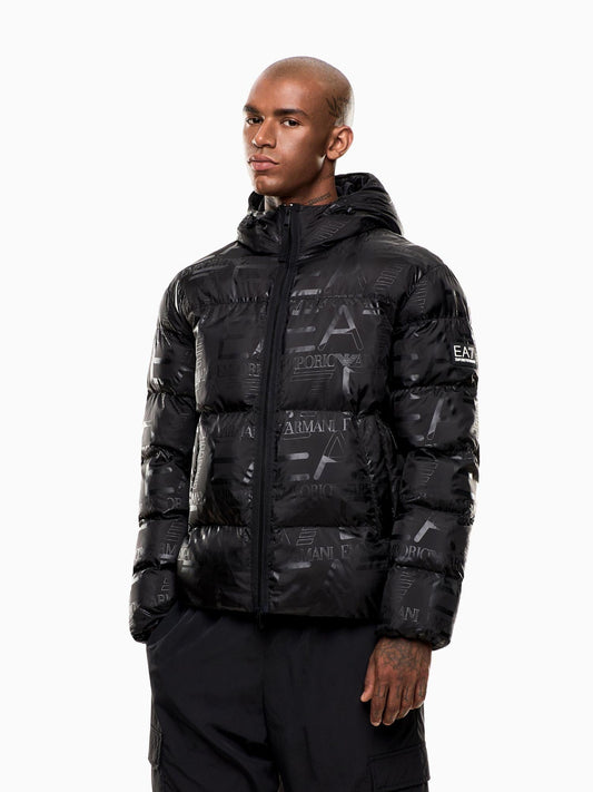 EA7 Emporio Armani Giacca Imbottita con Cappuccio Uomo Stampa Logo All-Over Nero