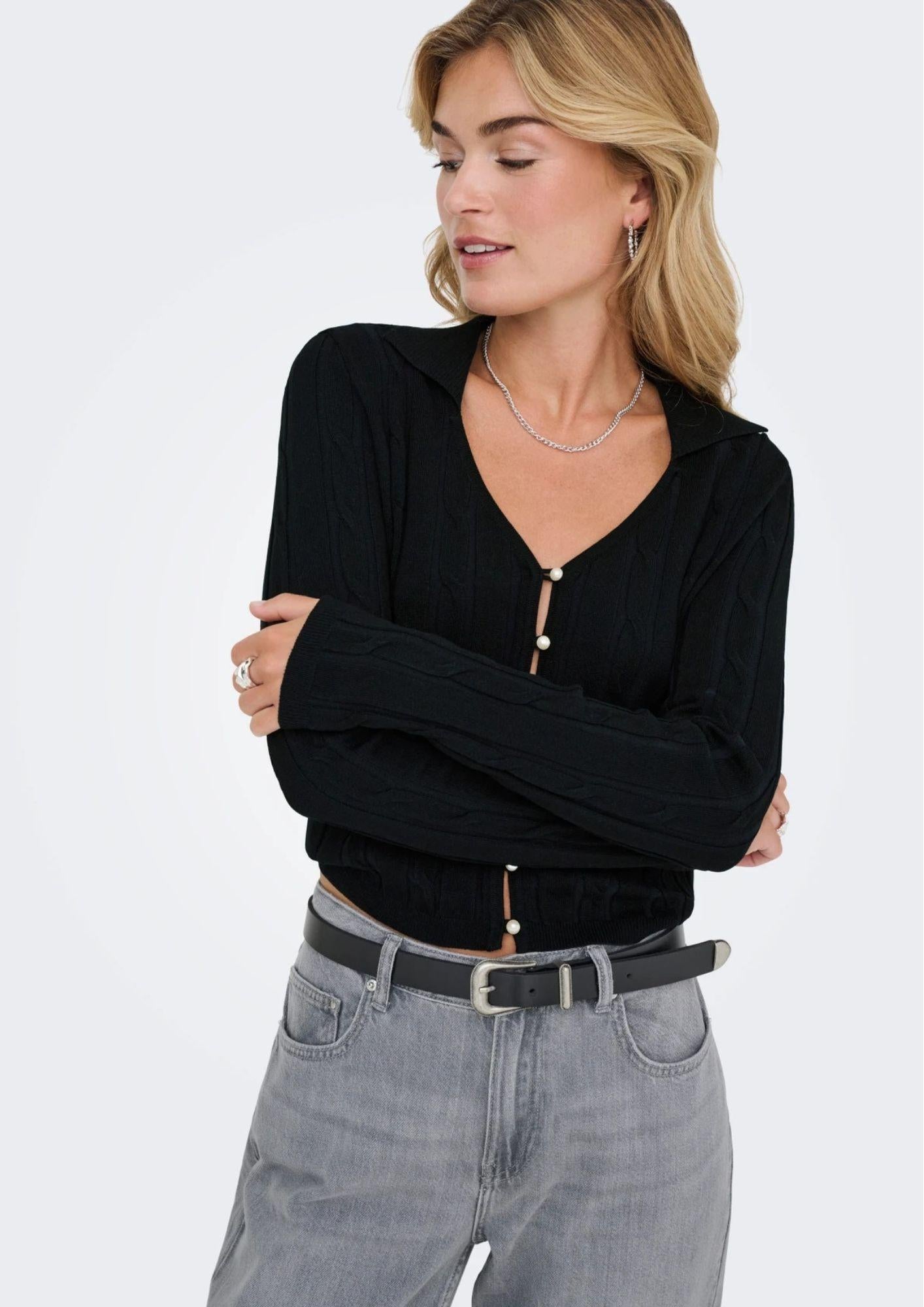 Cardigan Donna Only Meddi Nero 15352102 Black White Pearl Button ONLY