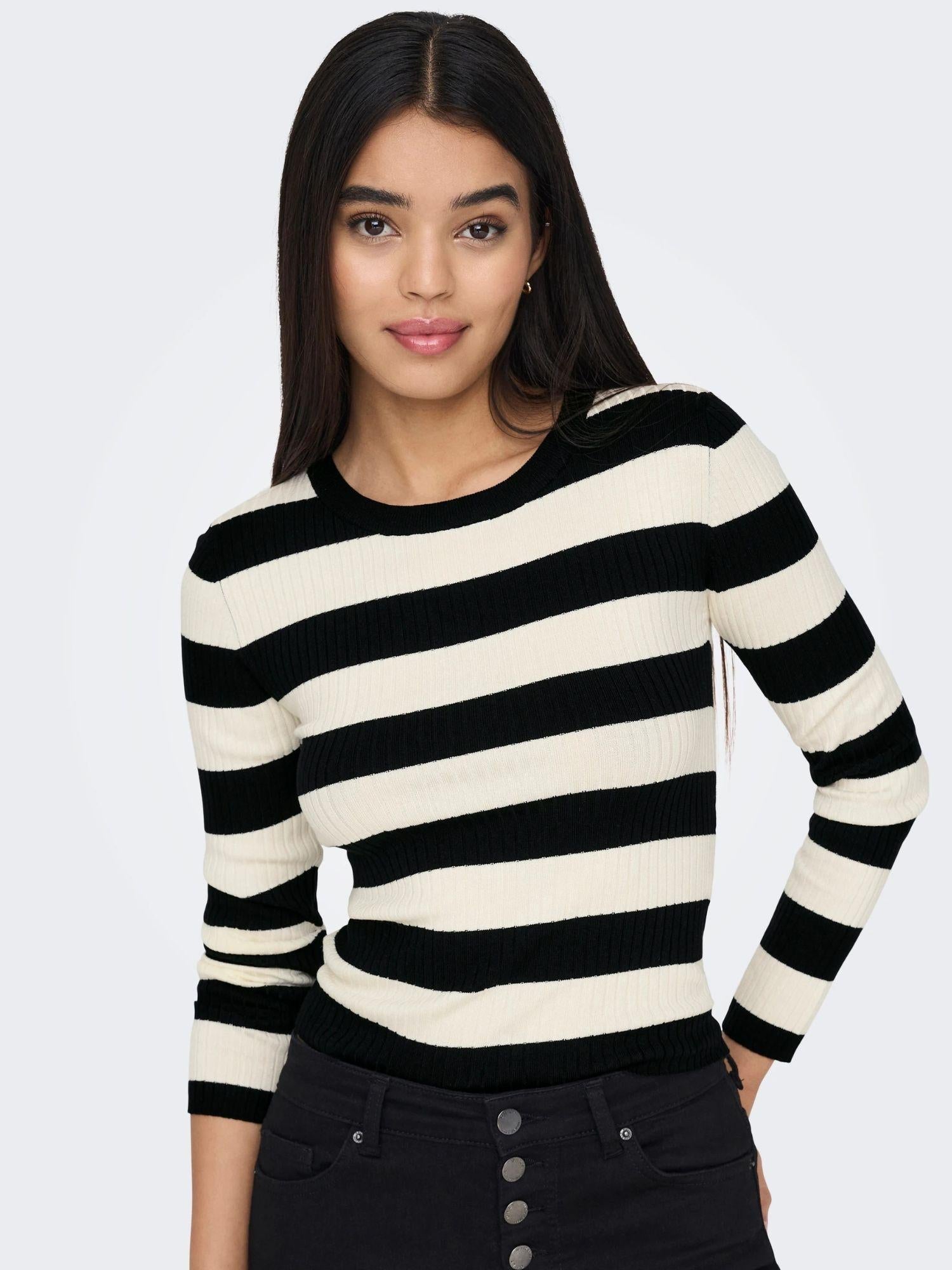 Jacqueline De Yong JDYPLUM Pullover Donna Nero Eggnog Stripes - Santangelo
