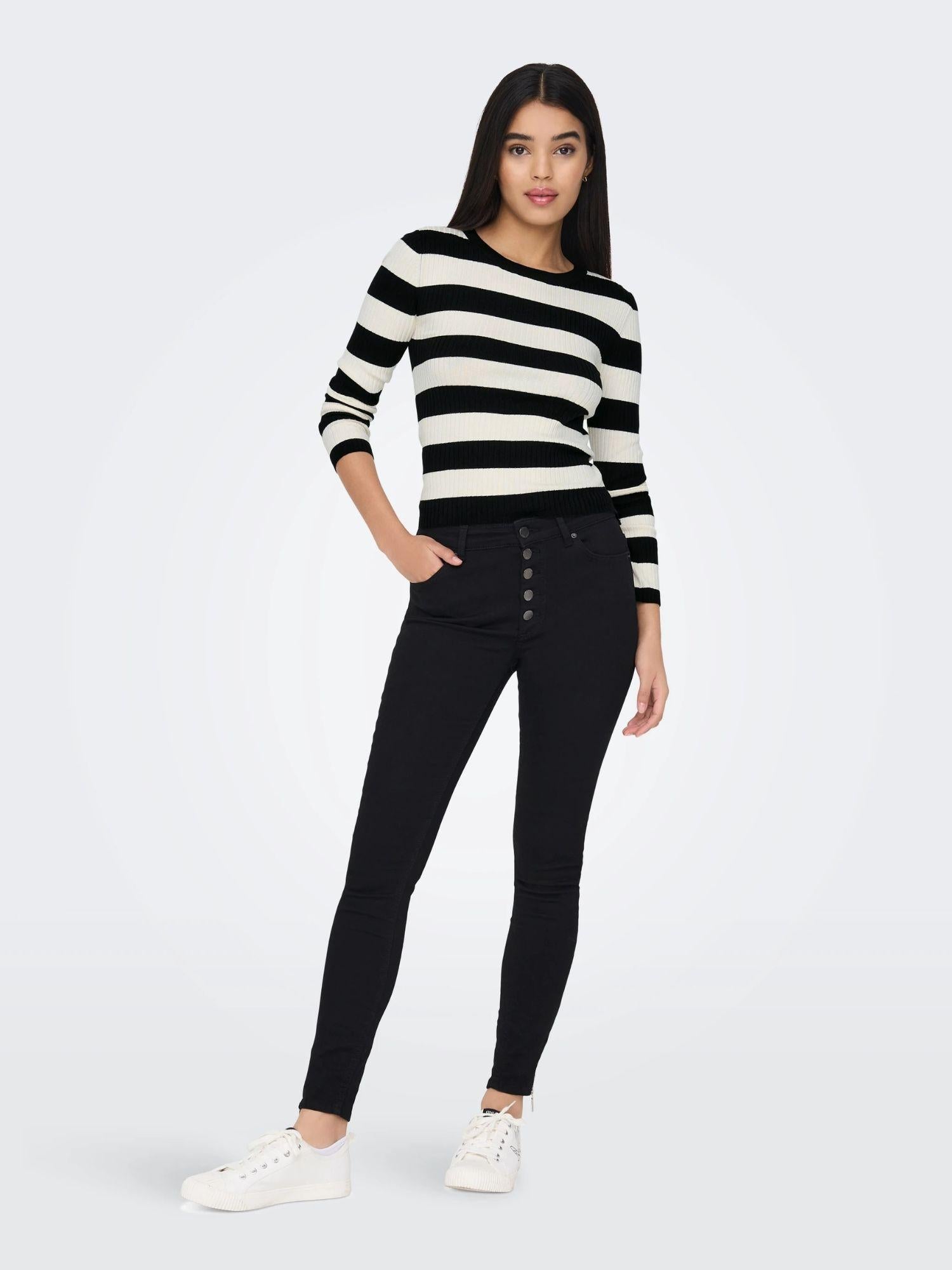 Jacqueline De Yong JDYPLUM Pullover Donna Nero Eggnog Stripes - Santangelo