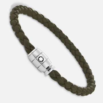 Montblanc bracciale in acciaio a 3 anelli e pelle Meisterstück Kaki misura L 13600568
