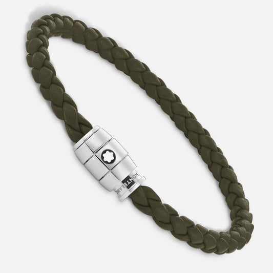 Montblanc bracciale in acciaio a 3 anelli e pelle Meisterstück Kaki misura L 13600568