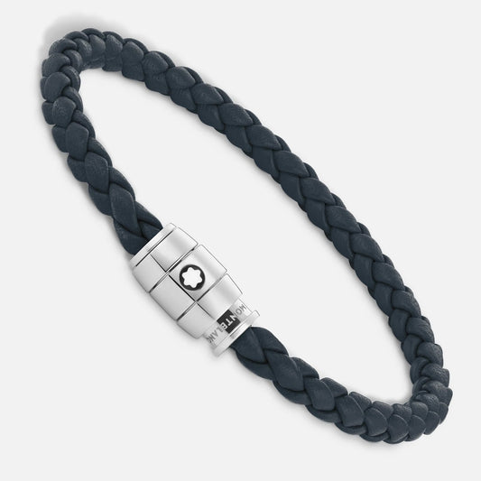 Montblanc Meisterstück 3-Ring Steel and Leather Bracelet, Air Force Blue, Size S 13601260