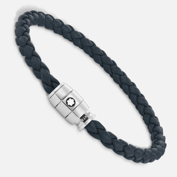 Montblanc bracciale in acciaio a 3 anelli e pelle Meisterstück Blu avio misura M 13601363
