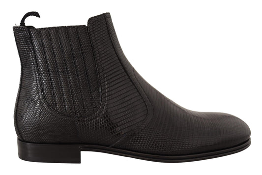 Eleganti stivali derby in pelle di lucertola nera