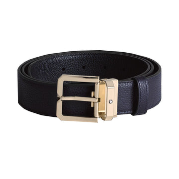 Montblanc 35mm Belt with Light Gold-Finished Horseshoe Buckle Reversible Midnight Blue/Black 199099