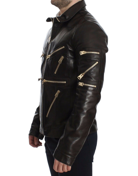 Elegante giacca in pelle marrone con dettagli dorati
