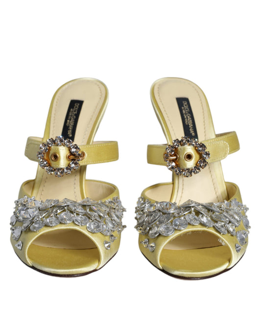 Scarpe Mary Jane gialle con sandali in raso e cristalli
