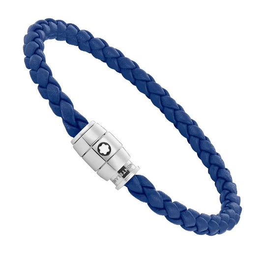 Montblanc bracciale in acciaio con chiusura a 3 anelli e pelle blu misura L 130900 68