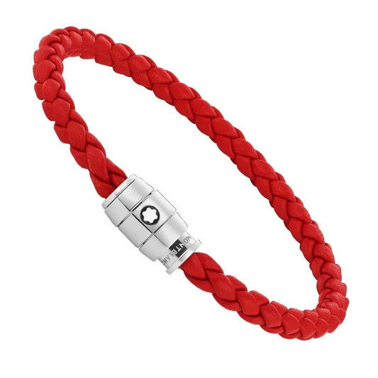 Montblanc bracciale in acciaio con chiusura a 3 anelli e pelle rossa misura L 130903 68