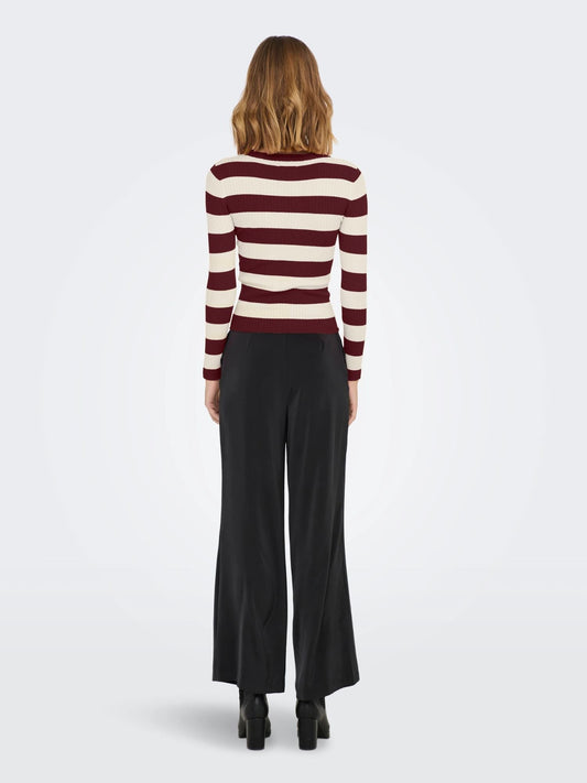 Jacqueline De Yong Women's Sweater Plum Cabernet Eggnog Stripes