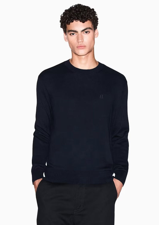ARMANI EXCHANGE - Maglione girocollo con logo in cotone viscosa e seta Icon Blu Navy Scuro