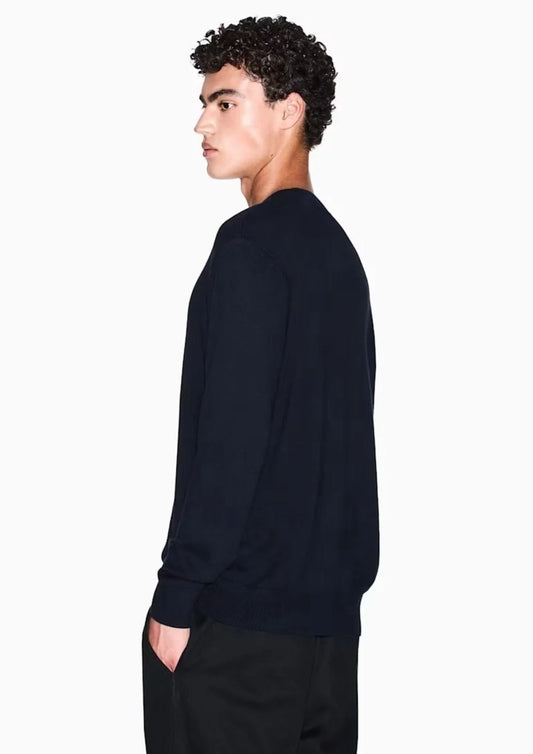 ARMANI EXCHANGE - Maglione girocollo con logo in cotone viscosa e seta Icon Blu Navy Scuro