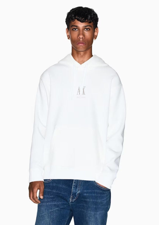ARMANI EXCHANGE - Felpa con cappuccio e tasca a marsupio con logo Icon Bianca