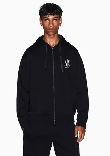 Felpa fullzip con cappuccio e logo in cotone stretch Icon Nera