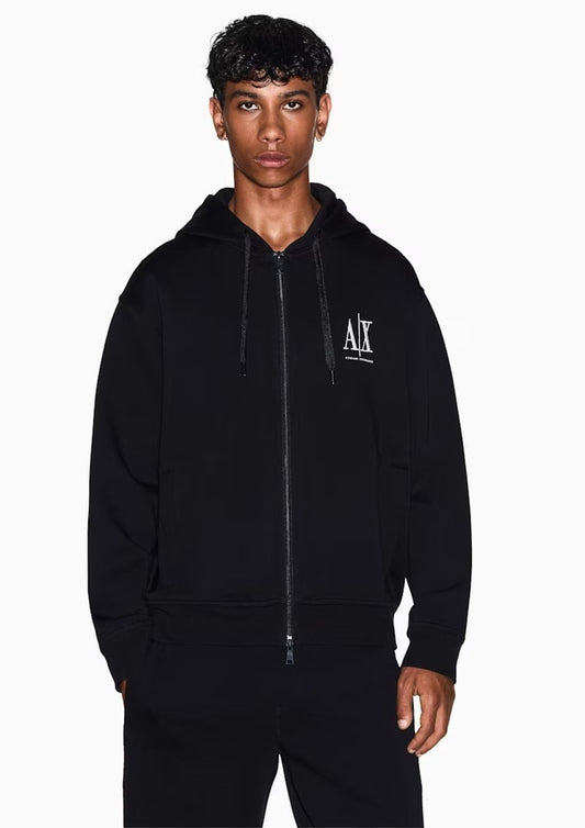 ARMANI EXCHANGE - Felpa fullzip con cappuccio e logo in cotone stretch Icon Nera