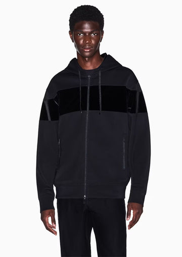 Felpa in modal stretch con cappuccio e banda in velluto Nera