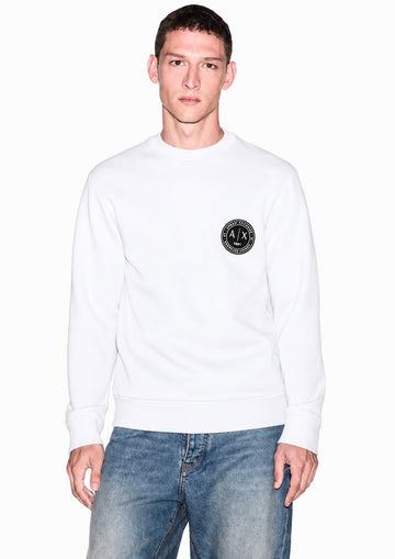 Felpa girocollo in piquet stretch con patch logo circolare Bianca