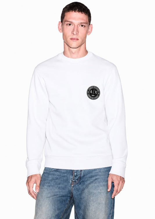 ARMANI EXCHANGE - Felpa girocollo in piquet stretch con patch logo circolare Bianca