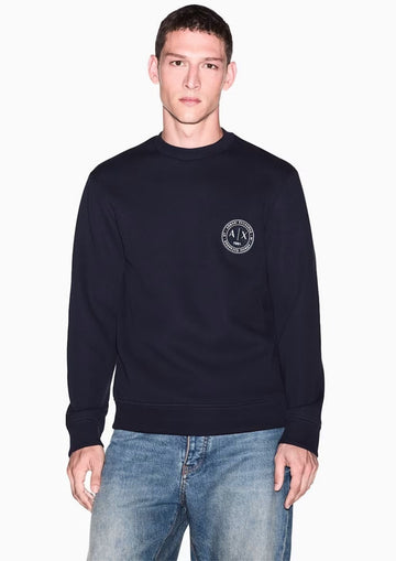Felpa girocollo in piquet stretch con patch logo circolare Deep Navy