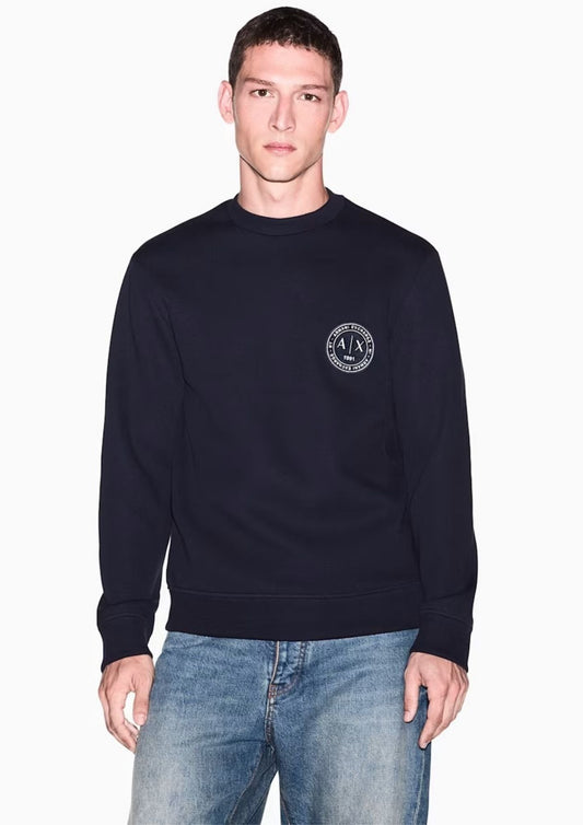 ARMANI EXCHANGE - Felpa girocollo in piquet stretch con patch logo circolare Deep Navy