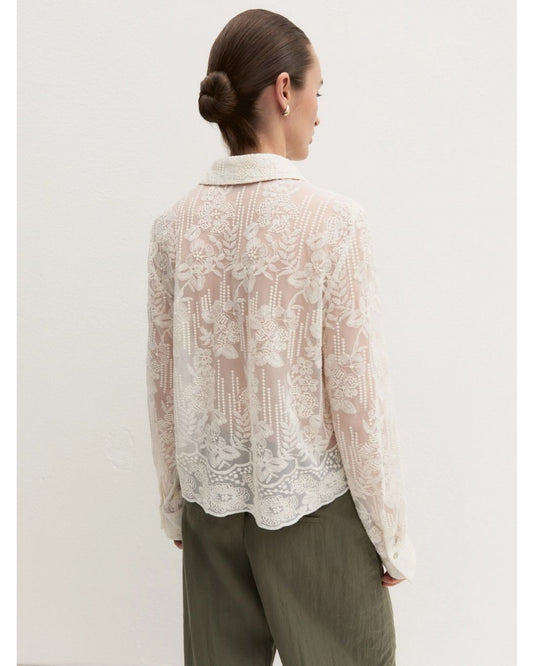 EMME MARELLA - Camicia cropped in tulle ricamato Bianco lana