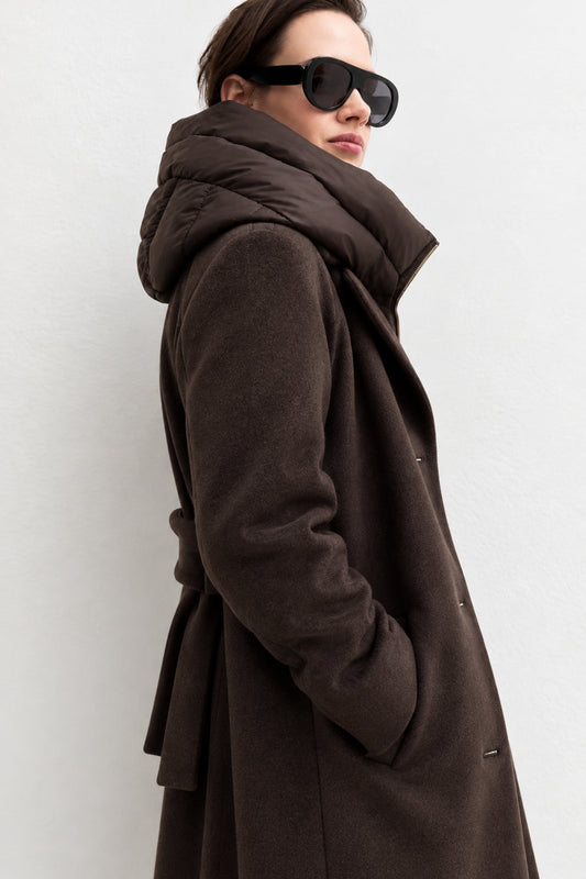 EMME MARELLA - Capospalla dritto in panno soft con cappuccio rimovibile desiderio Marrone