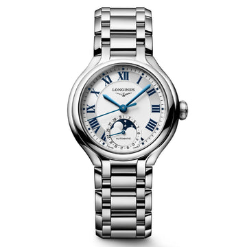 Longines orologio Primaluna Moonphase 34mm argento automatico acciaio L8.126.4.71.6