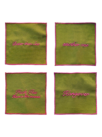 Set of 4 Cocktail Napkins - Olive Green and Pink