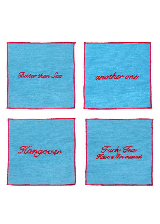 Set of 4 Cocktail Napkins - Light Blue and Red