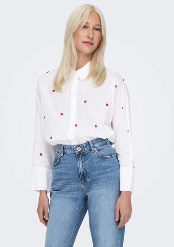 Women's Shirt New White Red Hearts