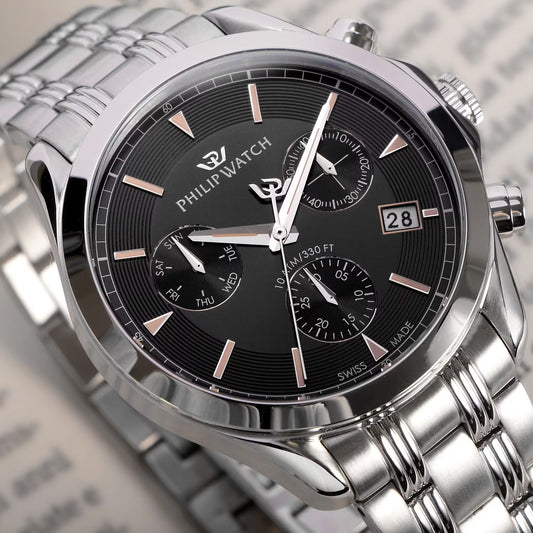 Philip Watch R8273665004 – Cronografo al quarzo Swiss Made, quadrante nero, cassa 41mm