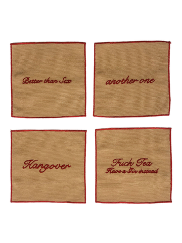 Set of 4 Cocktail Napkins - Beige and Red