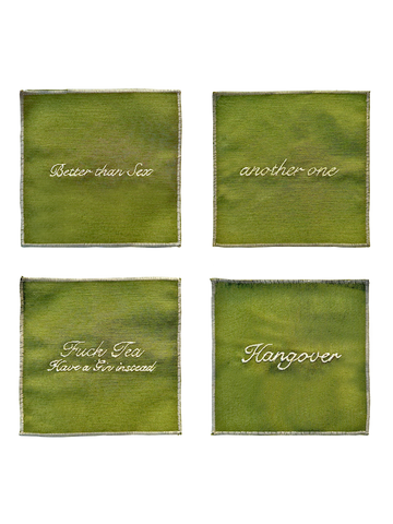 Set of 4 Cocktail Napkins - Olive Green and Butter