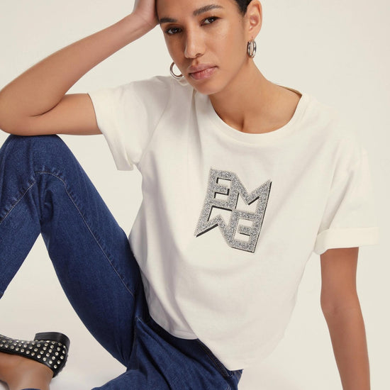 Emme Marella T-shirt in jersey con cristalli Micaelabis Donna Panna Argento - Santangelo