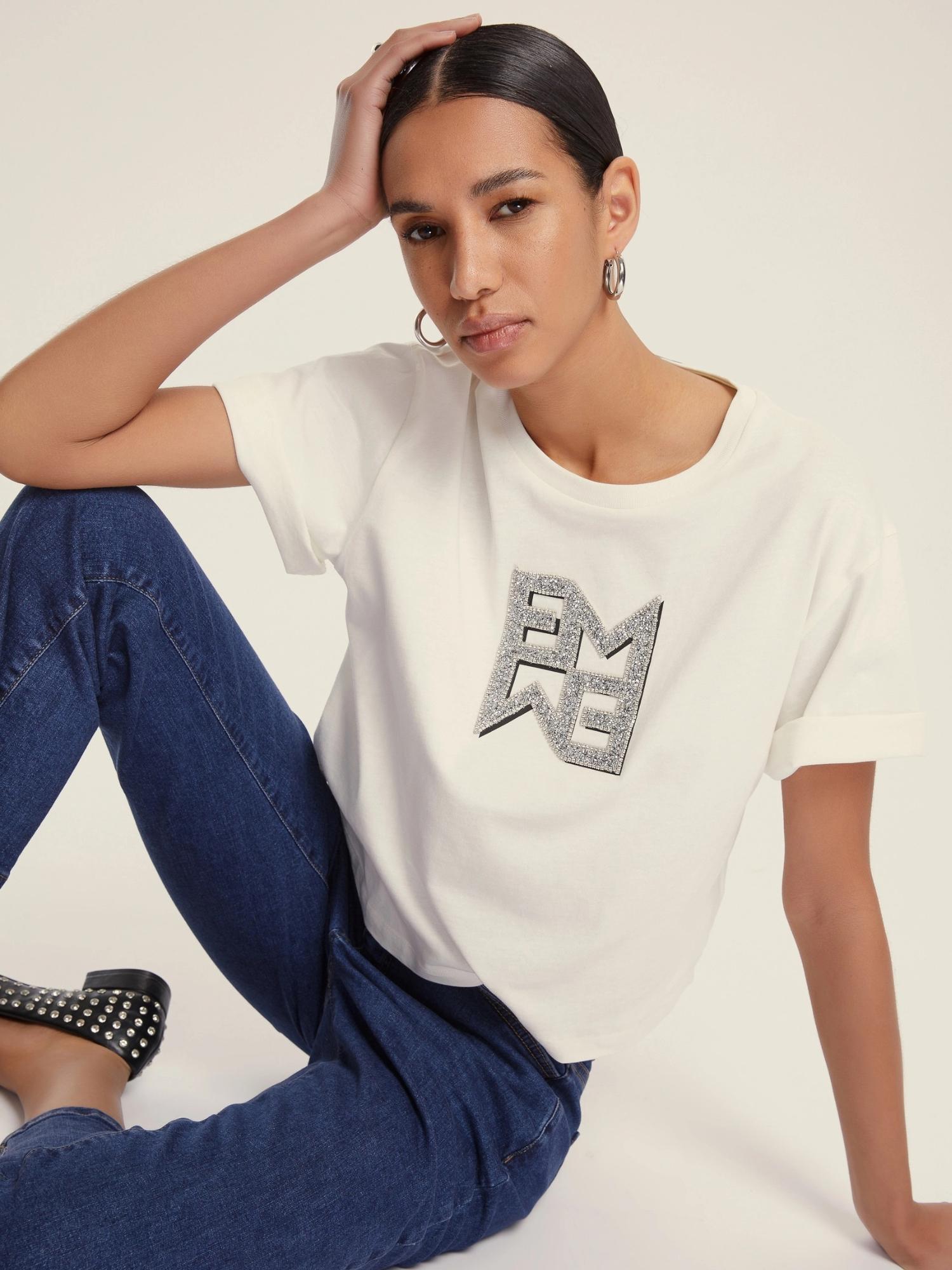 Emme Marella T-shirt in jersey con cristalli Micaelabis Donna Panna Argento - Santangelo