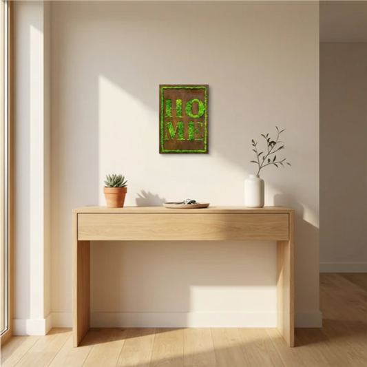 Quadro in Muschio Stabilizzato con Scritta HOME – 50x35 cm | Decorazione Verde da Parete