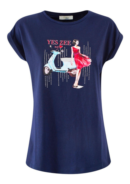 Yes Zee - Women's Batwing Sleeve T-Shirt with Navy Blue Cuff