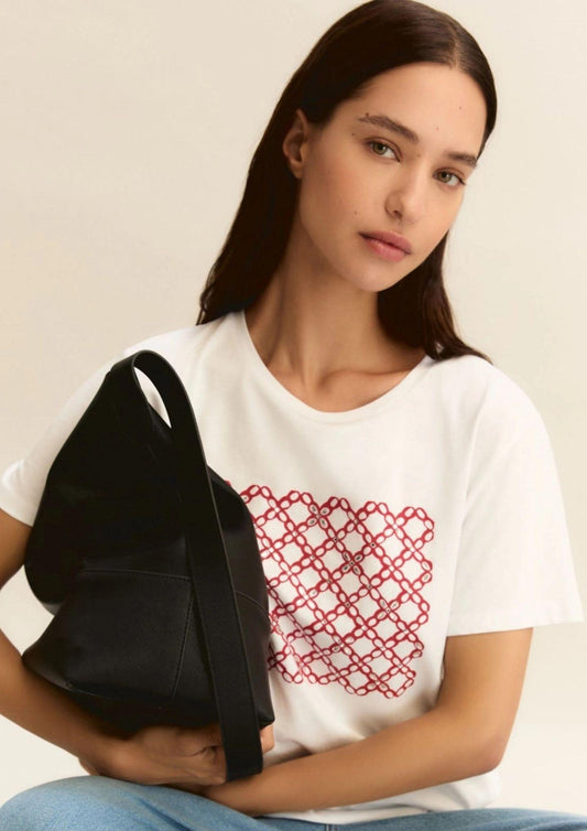 Emme Marella Women's White T-Shirt with Red Geometric Print