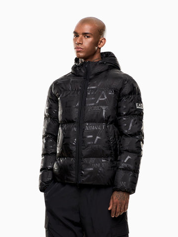 EA7 Emporio Armani Men's Hooded Padded Jacket with All-Over Logo Print in Black